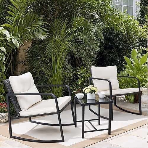 Greesum 3 Pieces Rocking Wicker Bistro Set, Patio Outdoor Furniture Conversation Sets with Porch Chairs and Glass Coffee Table, Beige - Product Image