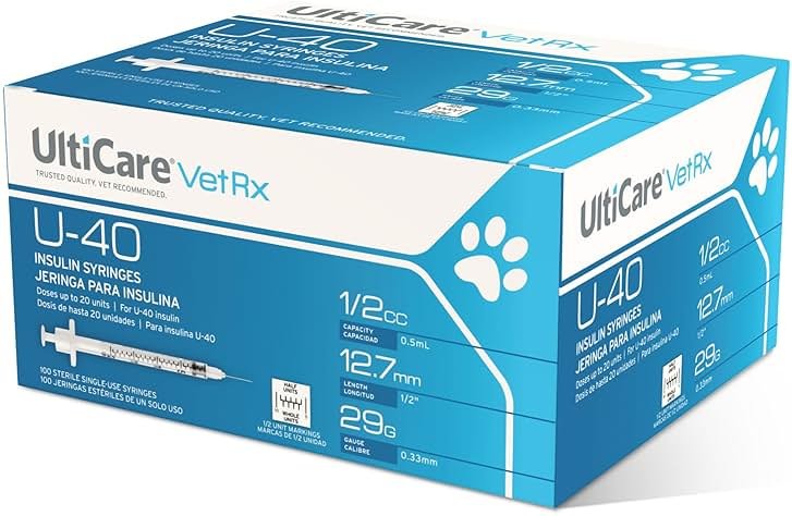 UltiCare VetRx U-40 Pet Insulin Syringes, Comfortable and Accurate Dosing of Insulin for Pets, Compatible with Any U-40 Strength Insulin, Size: 1/2cc, 29G x ½’’, with Half Unit Markings, 100 ct Box - Product Image