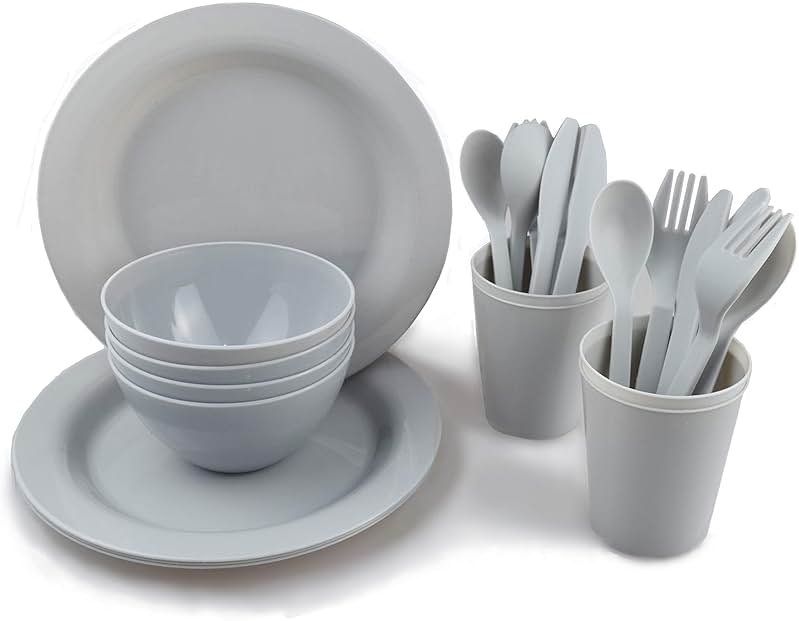 Plastic Plates and Bowls Sets,College Dorm Room Essentials Dishes Set Camping Plates,Dinnerware Accessories Mess Kit-Microwaveoven Safe BPA-Free with Mesh Bag-24PCS - Product Image