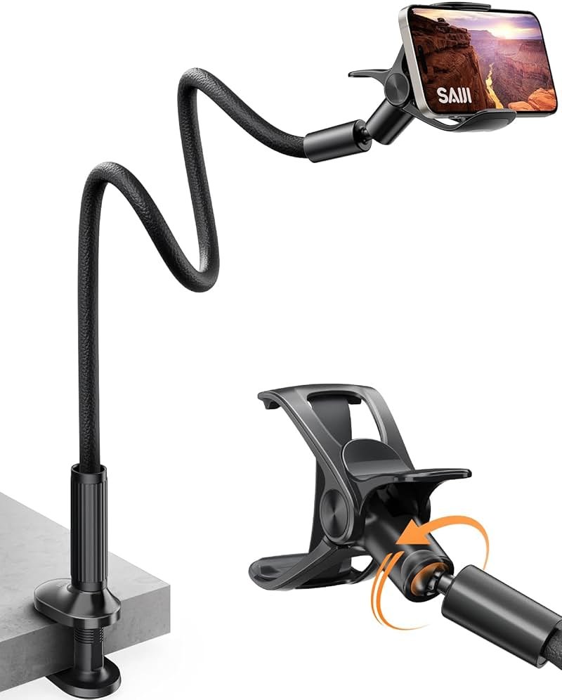 SAIJI Gooseneck Phone Holder for Bed Overall Length 38.6” Flexible Leather Wrapped Arm Overhead Cell Phone Mount Stand with 360° Adjustable Clamp Clip, Compatible with All 4-7” Cellphones (Black) - Product Image