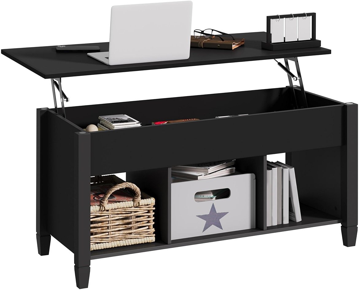 Yaheetech Coffee Table, Lift Top Coffee Table w/Hidden Storage Compartment & Lower 3 Cube Open Shelves, Lift Tabletop Center Tables for Living Room/Reception Room/Office, Black - Product Image