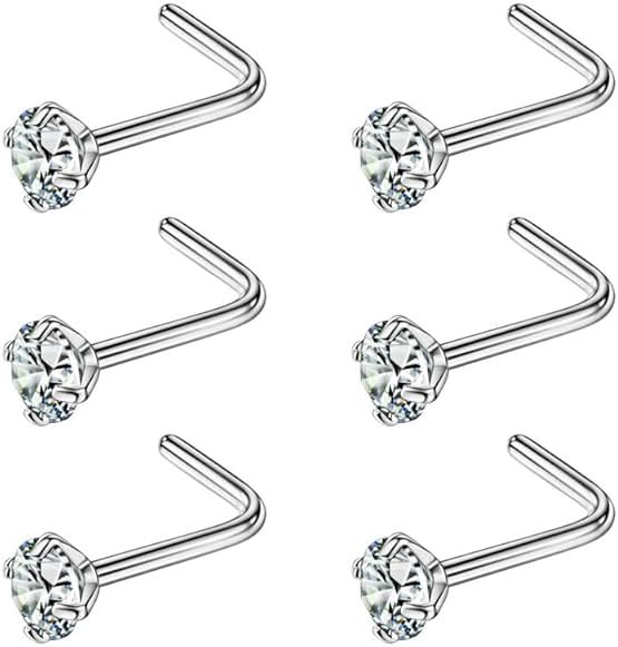 FANSING 316L Surgical Steel Nose Rings L Shape Diamond Nose Studs Hypoallergenic Nostril Piercing Jewelry CZ Nose Screw for Women & Men, Clear/AB/Black, 1.5/2.0/2.5/3.0/4.0mm, 22/20/18 Gauge - Product Image