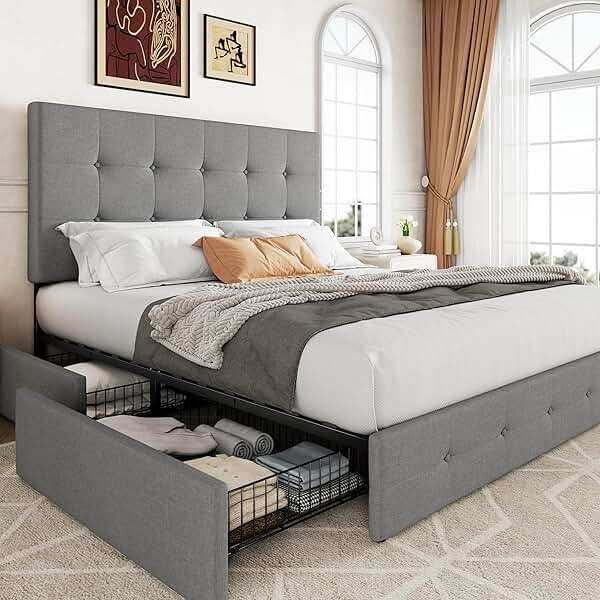 Allewie Upholstered Queen Size Platform Bed Frame with 4 Storage Drawers and Headboard, Square Stitched Button Tufted, Mattress Foundation with Wooden Slats Support, No Box Spring Needed, Light Grey - Product Image
