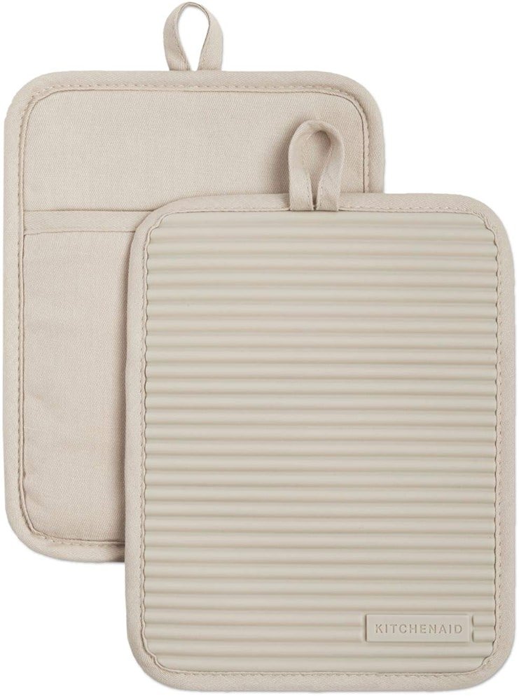 KitchenAid Ribbed Soft Silicone Pot Holder 2-Pack Set, Milkshake Tan, 7"x9" - Product Image