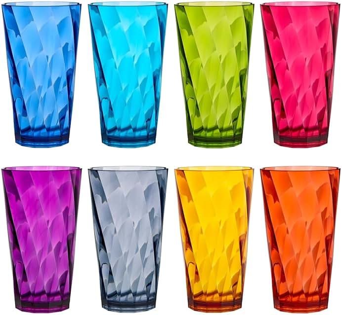 US Acrylic Optix Plastic Reusable Drinking Glasses (Set of 8) 20oz Water Cups in Jewel Tone Colors | BPA-Free Tumblers, Made in USA | Top-Rack Dishwasher Safe - Product Image