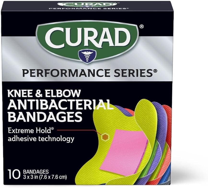 CURAD Performance Series Antibacterial Bandages, Elbows and Knees, 3" x 3", 10 Count - Product Image