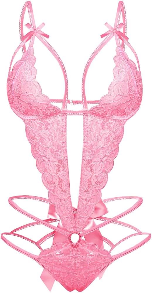 Donnalla Women's Deep V Lace Teddy One Piece Lingerie Cutout Strappy Lingerie - Product Image