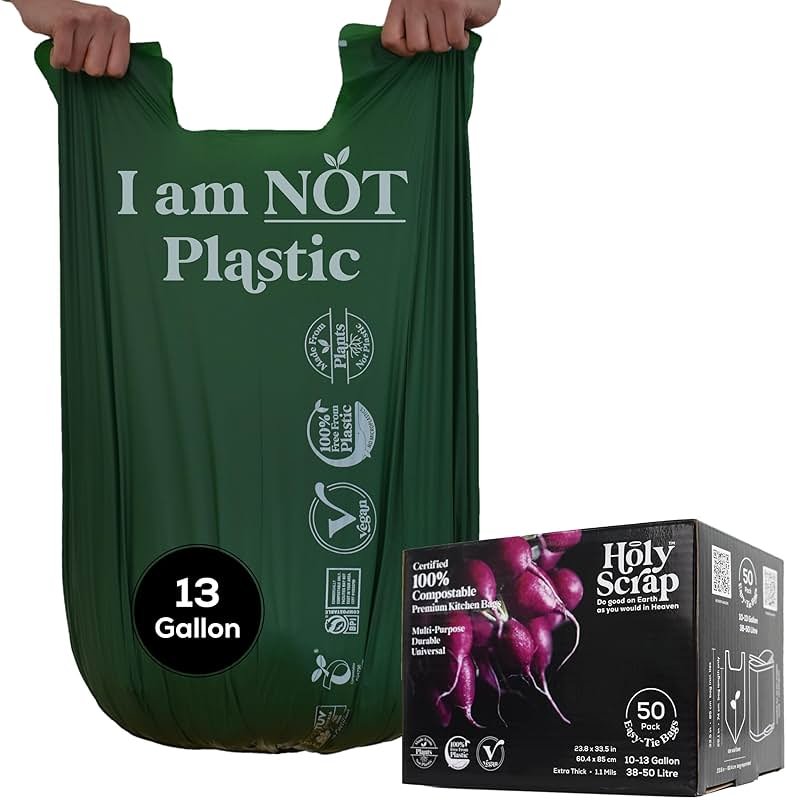 HOLY SCRAP! Large Compostable Trash Bags - 10-13 Gallon, 50 Pack, 100% Plastic-Free Decomposing Easy-Tie Trash Can Bags & Liners, Thick Kitchen, Bathroom & Backyard Bin Bags for Food & Green Waste - Product Image