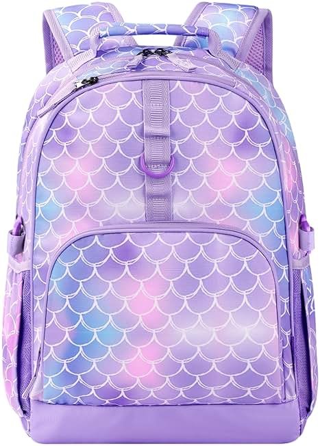 Choco Mocha Kids Backpack for Girls Mermaid Backpack Kids Elementary School Backpack for Girls Ages 6-8 Kid Bookbag 17 Inch with Chest Strap, Purple - Product Image
