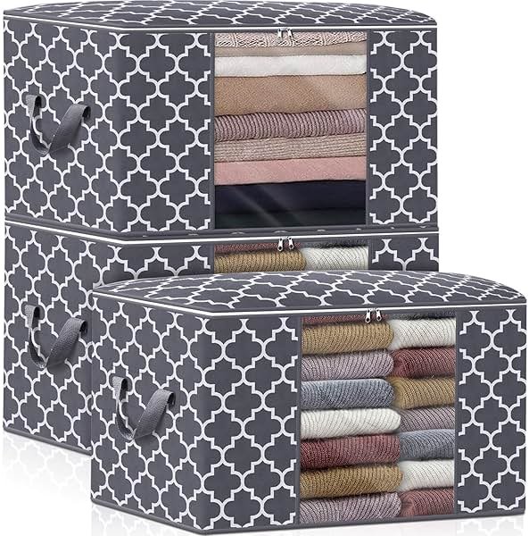 WISELIFE Storage Bags, Large Blanket Clothes Organization and Storage Containers for Bedding, Comforters, Foldable Organizer with Reinforced Handle, Clear Window,Sturdy Zippers,(Grey, 3 x 100L) - Product Image
