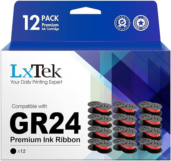 LxTek Replacement for GR24 Universal Twin Spool Calculator Ribbon use with Nukote BR80c, Sharp El 1197 P III, Porelon 11216, Dataproducts R3027 (Black/red, 12-Pack) Tray - Product Image