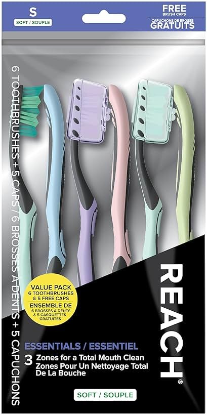 Reach Essentials Toothbrush with Toothbrush Caps, Multi-Zoned Angled Soft Bristles, Contoured Handle, Tongue Scraper, 6 Count - Product Image