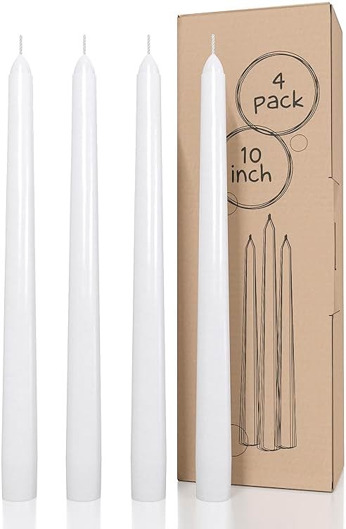 CANDWAX 10 inch White Taper Candles - White Candle Pack of 4 - Christmas Candle Tapers - Unscented Dripless Smokeless Long Burning Tall Candlesticks - Christmas Tapered Candles for Home Decor - Product Image