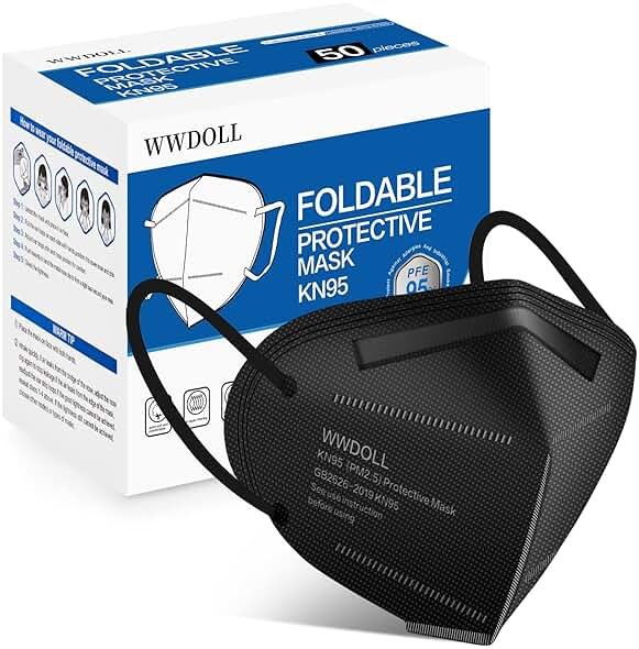 WWDOLL KN95 Face Masks 50 Pack, 5-Layer Breathable Disposable Respirator Mask for Adult Black - Product Image