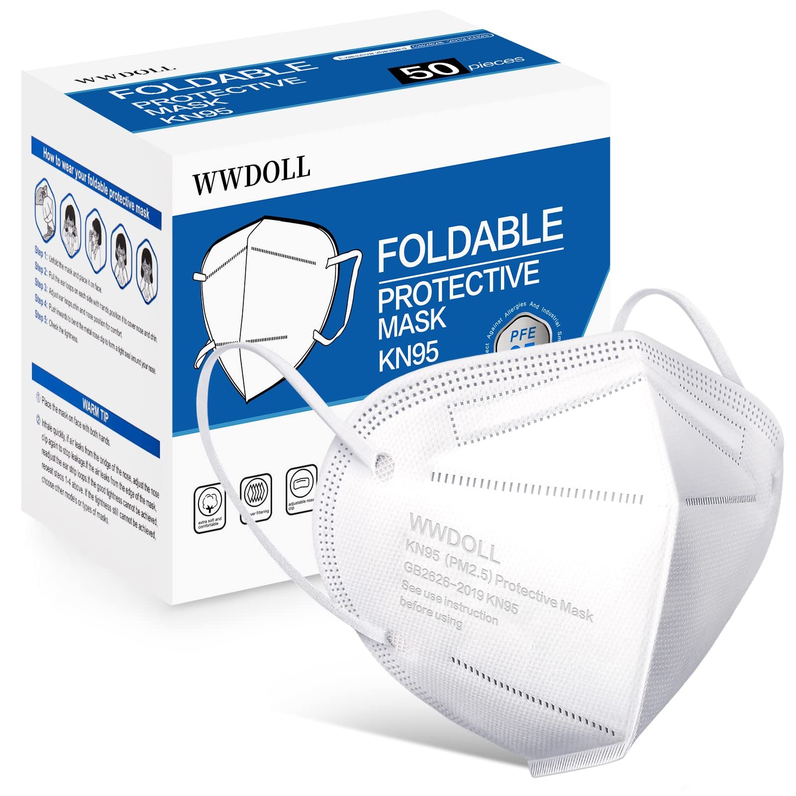 WWDOLL KN95 Face Mask 50 Pack, KN95 Masks 5-Layer Breathable Mask with Elastic Earloop and Nose Bridge Clip, Disposable Respirator Protection Against PM2.5 White - Product Image