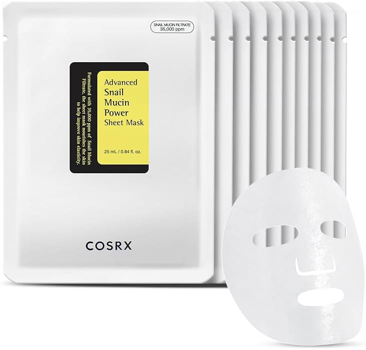 COSRX Snail Mucin Sheet Mask 10 EA with Snail Mucin Serum, Self Care, Face Masks for Dry, Sensitive Skin, Not Tested on Animals, No Parabens, No Sulfates, Korean Skin Care - Product Image
