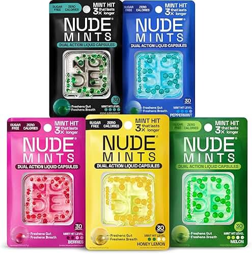 NUDE MINTS | Dual Action Liquid Capsules | Mouth Watering Mint - Lasts 3X Longer - 3X Stronger - Extreme Bad Breath Treatment For Adults - Sugar Free, 0 Calorie - Variety - 5 Pack - 150 Capsules - Product Image