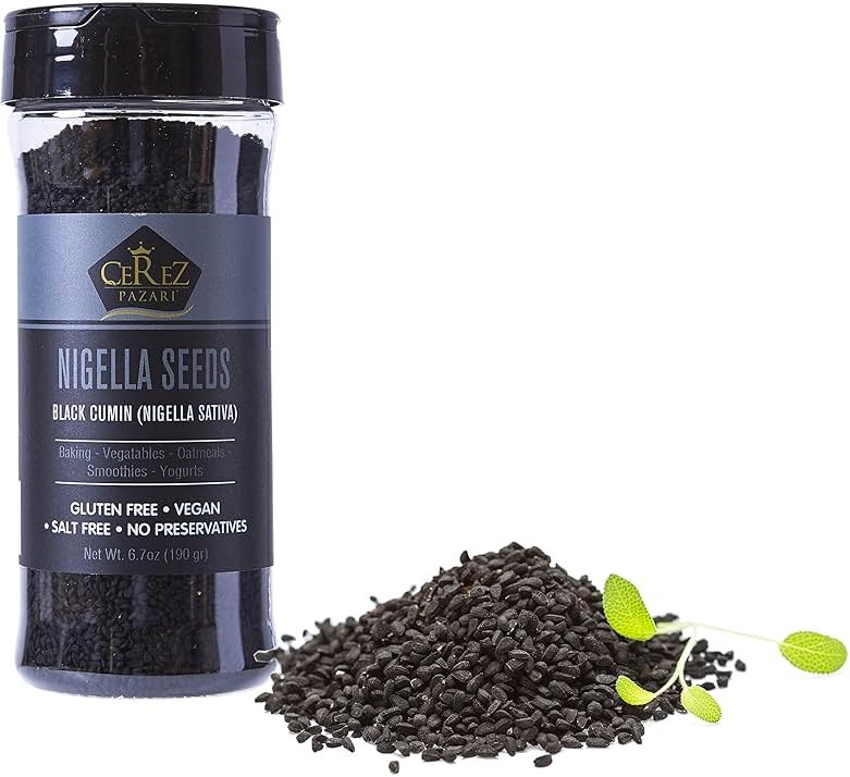 Cerez Pazari Nigella Seeds 7 oz, Black Cumin Seeds, Black Caraway Nigella Seeds, Natural Nigella Sativa, Vegan Kalonji, Non-GMO, Gluten-Free, Easy To Use Flapper Spice Cap - Product Image