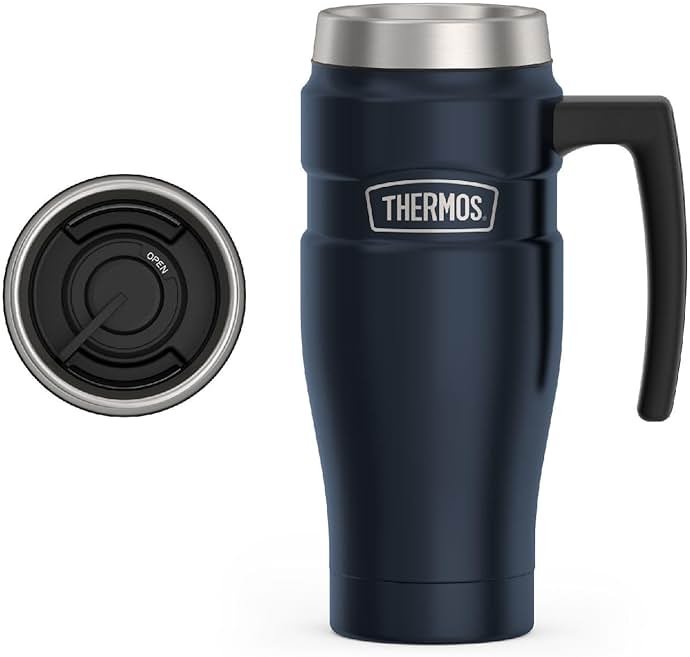 THERMOS Stainless King Vacuum-Insulated Travel Mug with Handle - 16oz, Midnight Blue - Thermos Tumbler for Hot & Cold Drinks - Leak & Sweat-Proof Stainless Steel Coffee Mug with Lid for Commuting - Product Image
