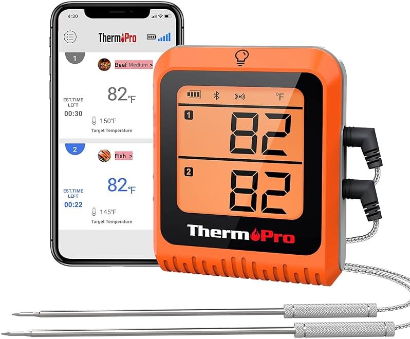 TempPro Wireless Meat Thermometer Digital for Grilling and Smoking, 2 Probes Bluetooth Meat Thermometer for Cooking Turkey Fish Beef, Rechargeable Smoker Accessories for BBQ Oven Gift for Dad - Product Image
