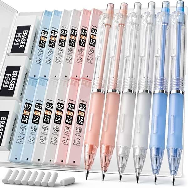 Nicpro 23PCS Pastel Mechanical Pencil 0.5 & 0.7 mm with Case for School, with 12 tubes HB Lead Refills, 3 Erasers, 9 Eraser Refills For Student Writing, Drawing, Sketching, Blue & Pink & White Colors - Product Image