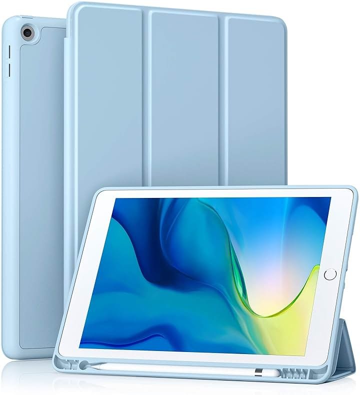 Akkerds Case Compatible with iPad 10.2 Inch 2021/2020/2019, for iPad 9th/8th/7th Generation Case with Pencil Holder, Protective with Soft TPU Back, Auto Sleep/Wake Cover, Sky Blue - Product Image