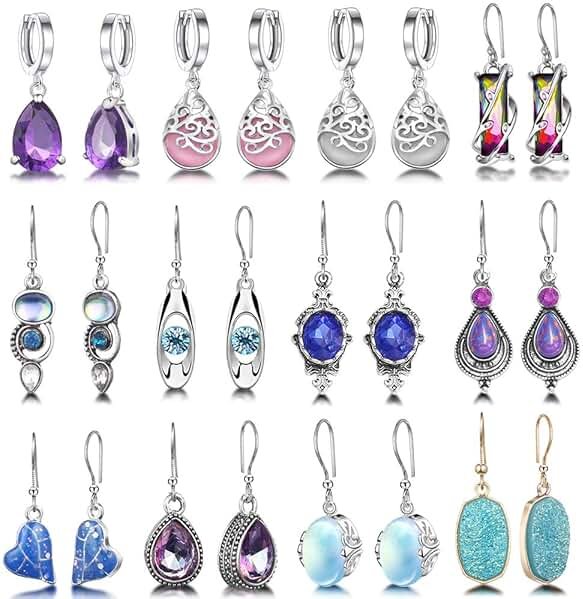12 Pairs Teardrop Druse Crystal Drop Dangle Earrings for Women Cubic Zirconia Huggie Hoop Earring Jewelry Set Christmas Gifts - Product Image