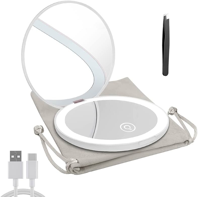 Milishow Compact Mirror with LED Light,1x/10x Magnifying Rechargeable Mirror,3.5in, Dimmable Travel Mirror for Purse,Pocket,Handheld 2-Sided Makeup Mirror - Product Image