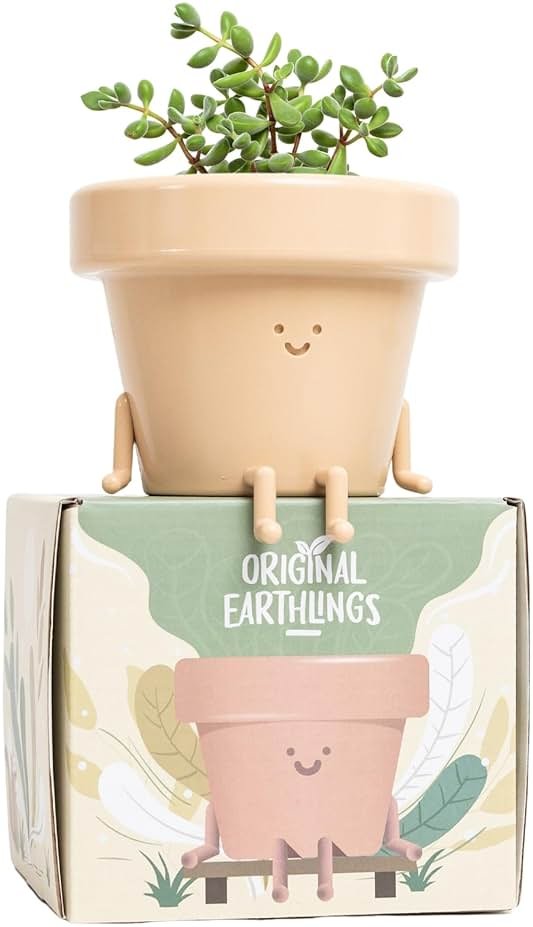 Original Earthlings Sitting Pot - 3.5 Inch Cute Plant Pot - Plastic Funny Planter with Drainage - Unique Cactus Lover Gift - Small Succulent Face Flower Pot - Cute Plant Gifts for Plant Lovers - Product Image