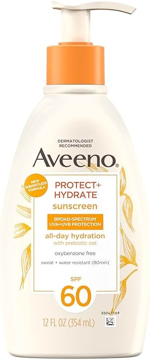 Aveeno Protect + Hydrate Sunscreen Lotion for Body & Face with Prebiotic Oat, SPF 60 Broad Spectrum Sunscreen, Paraben, & Oil Free, Water & Sweat Resistant (80-min) for Sensitive Skin, 12 FI Oz - Product Image