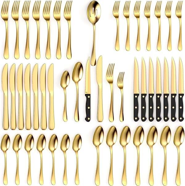 Tribal Cooking 49 Piece Gold Silverware Set - Service for 8 - Stainless Steel Gold Flatware serving set - Cutlery Set - Knives, Fork, and Spoon - Dishwasher Safe - Stunning Polished Finish - Product Image