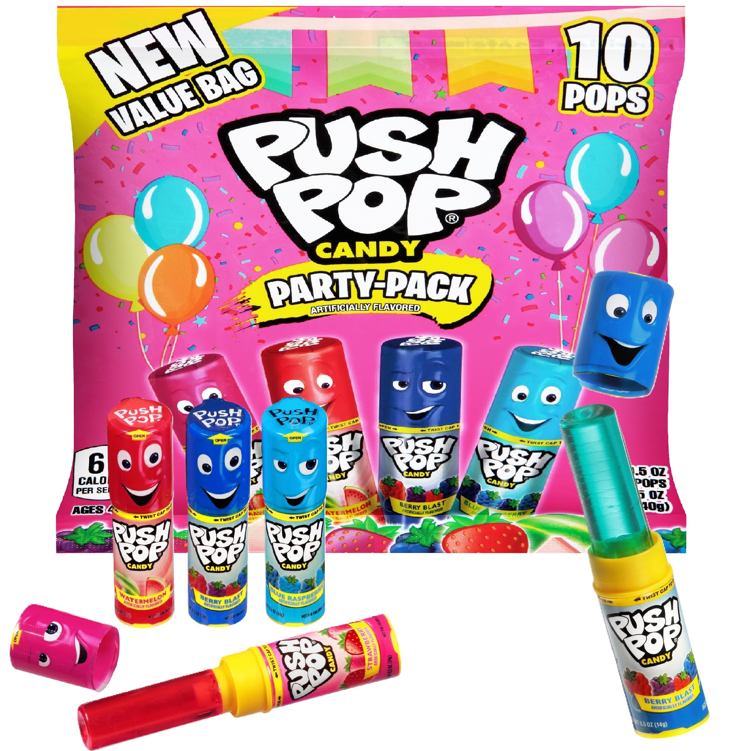 Push Pop Lollipops, Hard Candy Variety Pack, 10 Count Lollipops Individually Wrapped in Fruity Flavors, Full Size, Fun Candy For Pinatas, Birthdays, Party Favors & Gifts for Kids - Product Image