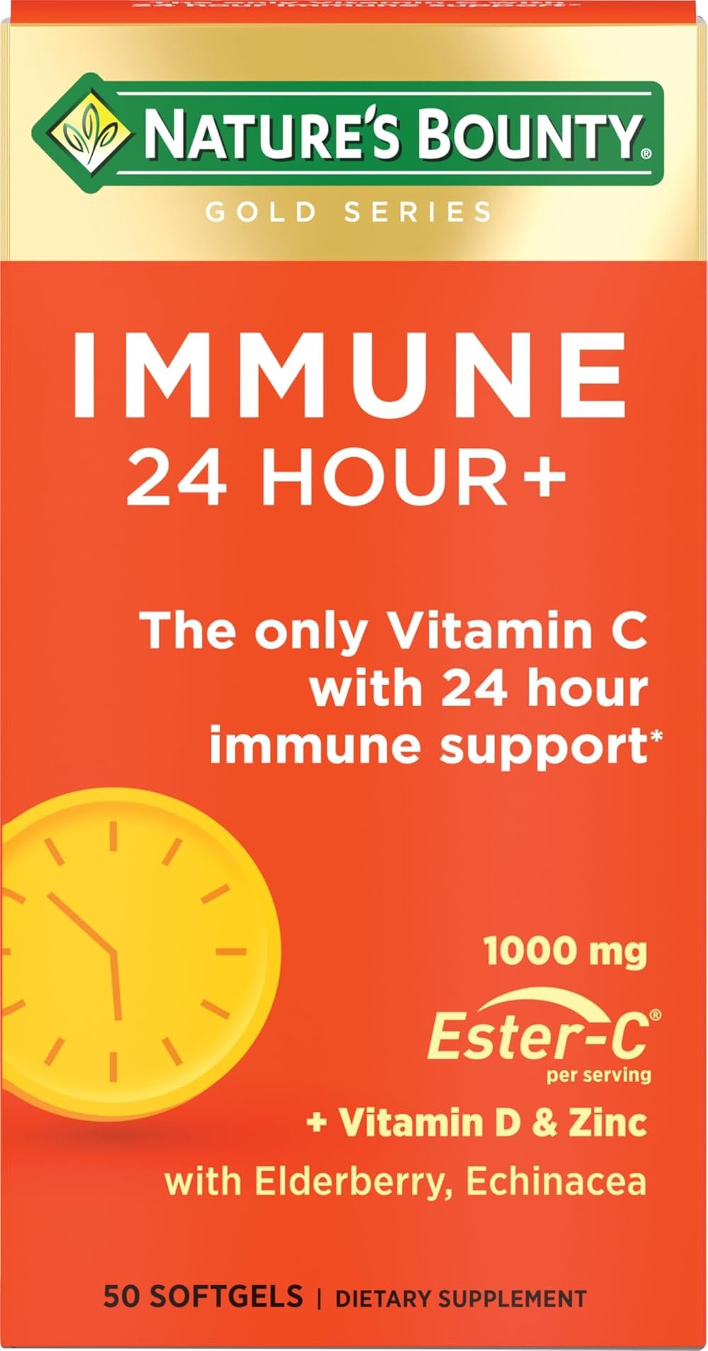 Nature's Bounty Immune 24 Hour +, The only Vitamin C with 24 Hour Immune Support from Ester-C, 1000 mg Vitamin C, D & Zinc, Gluten Free, Rapid Release Softgels, 2 Softgels per Day, 50 Count - Product Image