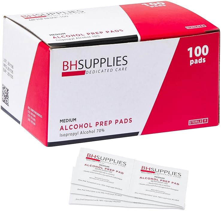 BH Supplies Alcohol Prep Pads | Medical Grade, Sterile, Individually Wrapped, 70% Isopropyl Alcohol, Medium 2-Ply, 100-Pack - Product Image