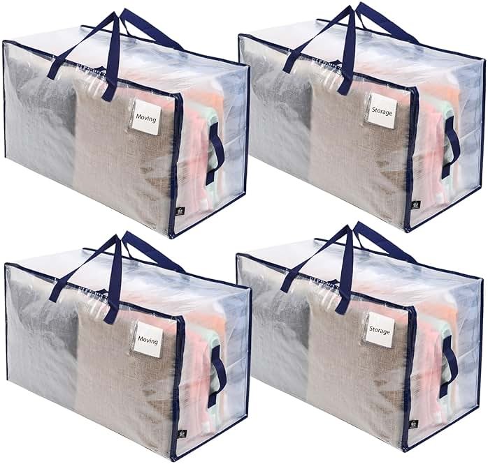VENO 4 Pack Clear Extra Large Moving Bags & Storage Totes, Heavy Duty Organizer with Reinforced Handles & Strong Zippers for Clothes, College Dorm Essentials, Moving Supplies - Product Image