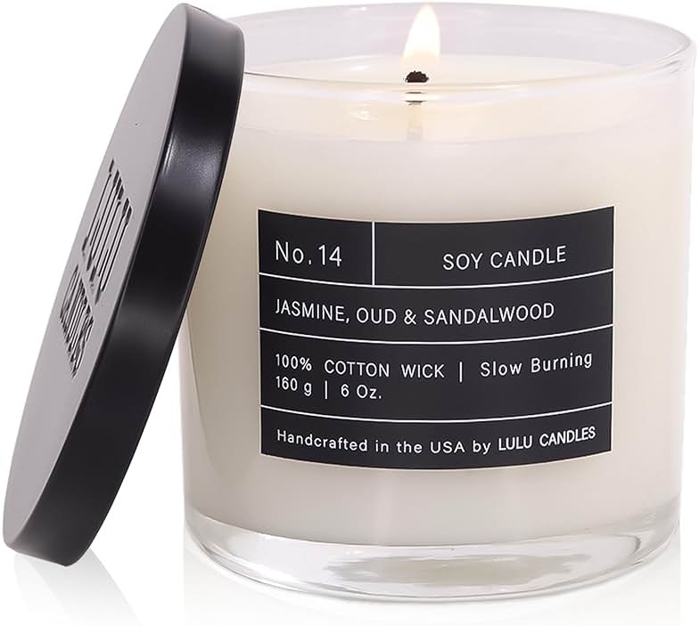 Lulu Candles | Jasmine, Oud & Sandalwood | Luxury Scented Soy Jar Candle | Hand Poured in The USA | Highly Scented Long Lasting (6 Oz.) - Product Image