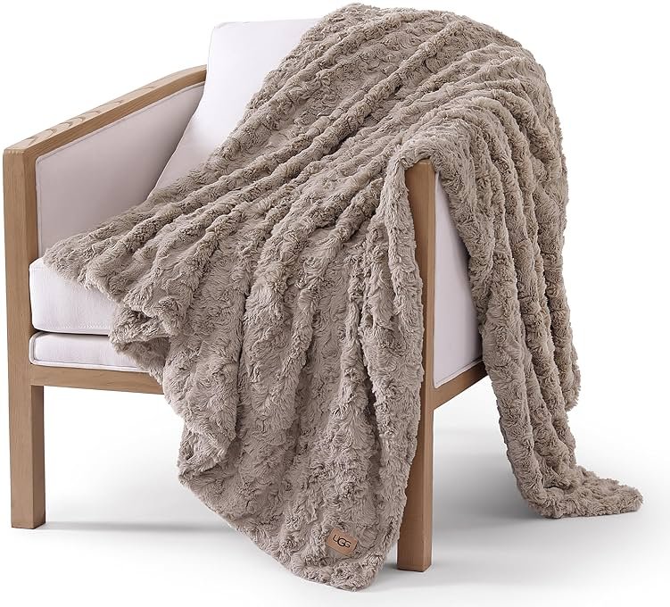 UGG Adalee Faux Fur Throw Blanket, Luxury Cozy Fluffy Blanket for Living Room or Bedroom, Decorative Double-Sided Fuzzy Throw, Machine Washable Spring Decor, 50-inch x 70-inch, Oyster Brown - Product Image