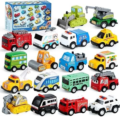 JOYIN 18 Pcs Pull Back City Cars and Trucks Toy Vehicles Set, Friction Powered Cars Toys for Toddlers, Kids Stocking Stuffers, Treasure Box Gifts for Classroom, Christmas Great Gifts for Grandkids - Product Image