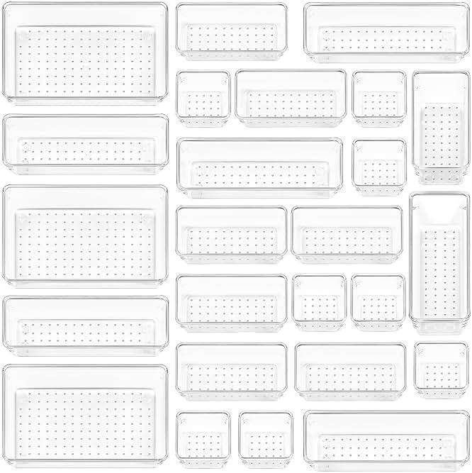 Vtopmart 25 PCS Clear Plastic Drawer Organizers Set, 4-Size Versatile Bathroom and Vanity Drawer Organizer Trays, Storage Bins for Makeup, Bedroom, Kitchen Gadgets Utensils and Office - Product Image