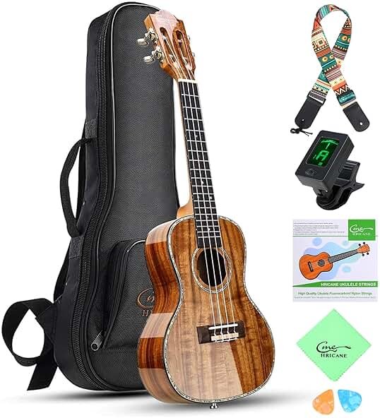 Hricane Concert Ukulele 23 inch UKS-2, 4 Strings Ukeleles For Beginners, Sapele Hawaiian Ukele with Ukulele Case and Ukele String Set (Koa Glossy) - Product Image