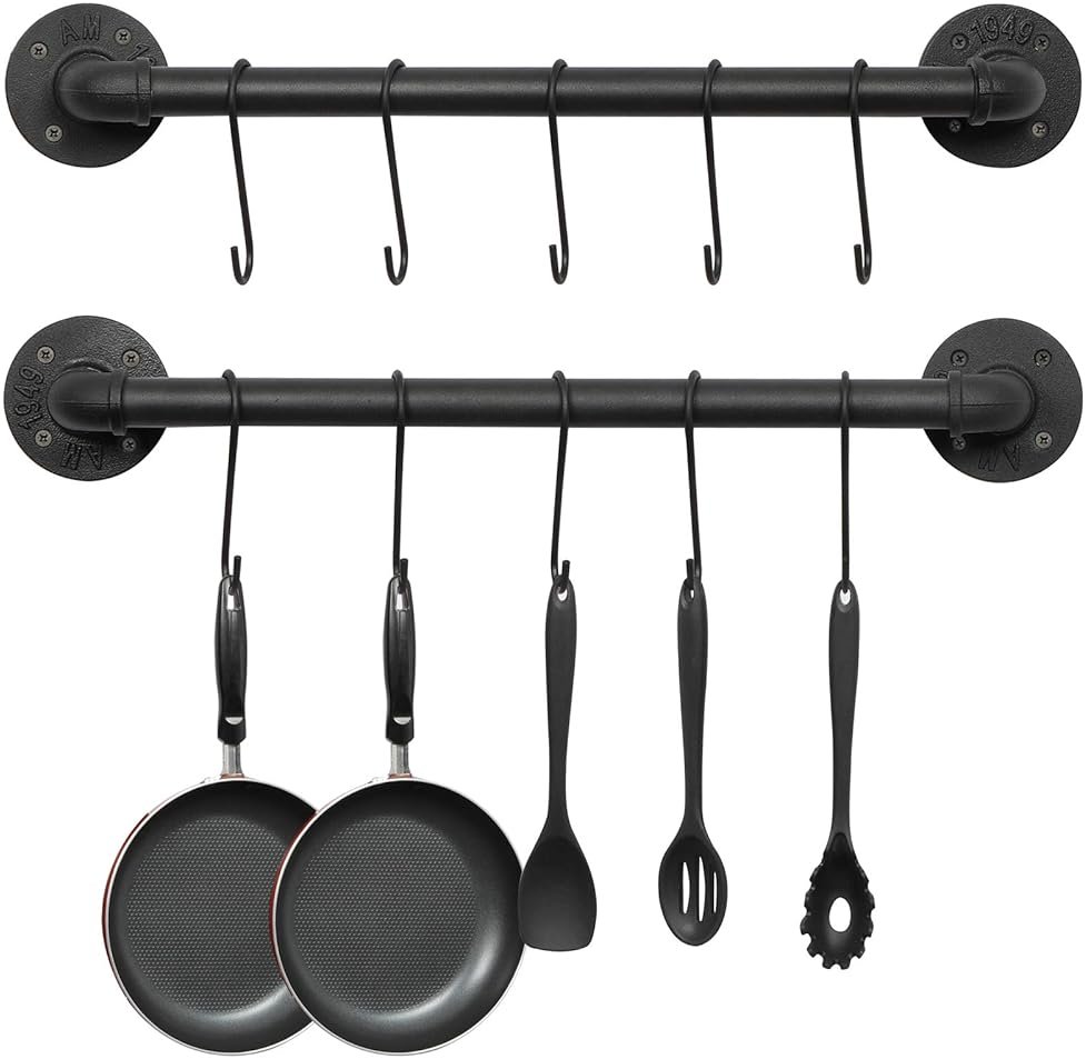 OROPY Wall Mounted Pot Pan Rack 21'' Set of 2, Industrial Utensils Wall Hanger Iron Pipe Kitchen Hanging Rail with 10 S Hooks - Product Image