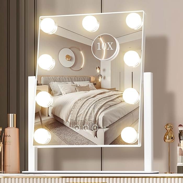 NUSVAN Vanity Mirror with Lights, Makeup Mirror with Lights,3 Color Lighting Modes Detachable 10X Magnification Mirror Touch Control,360°Rotation, White. - Product Image