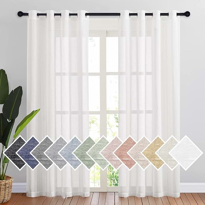 NICETOWN White Sheer Linen Curtains for Living Room 84 inch Length 2 Panels Set, Grommet Semi Sheer Privacy with Light Filtering Flax Window Treatments for Bedroom, W52 x L84 - Product Image