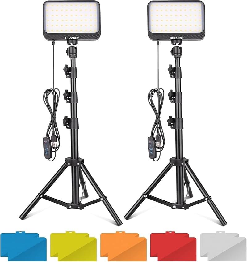 UBeesize LED Video Light Kit, 2Pcs Dimmable Continuous Portable Photography Lighting with Adjustable Tripod Stand & 5 Color Filters for Tabletop/Low-Angle Shooting, for Zoom, Game Streaming, YouTube - Product Image
