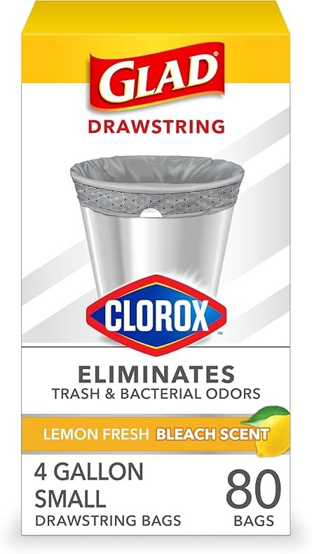 Glad Drawstring Trash Bags with Clorox, 4 Gal, Lemon Fresh Bleach, 80 Ct, 30 Pack (Package May Vary) - Product Image