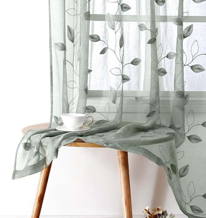 HOMEIDEAS Sage Green Sheer Curtains 52 X 63 Inches Length 2 Panels Embroidered Leaf Pattern Pocket Faux Linen Floral Semi Sheer Voile Window Curtains/Drapes for Bedroom Living Room - Product Image
