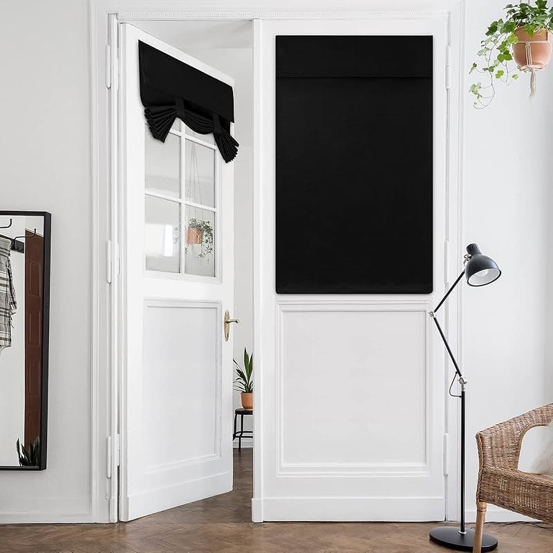 HOMEIDEAS Blackout French Privacy Door Curtains for Door Window,Curtains for Glass, Thermal Insulated Tie Up Shade Window Covering for Bedroom, Black, W26 X L40 Inch, 1 Panel - Product Image