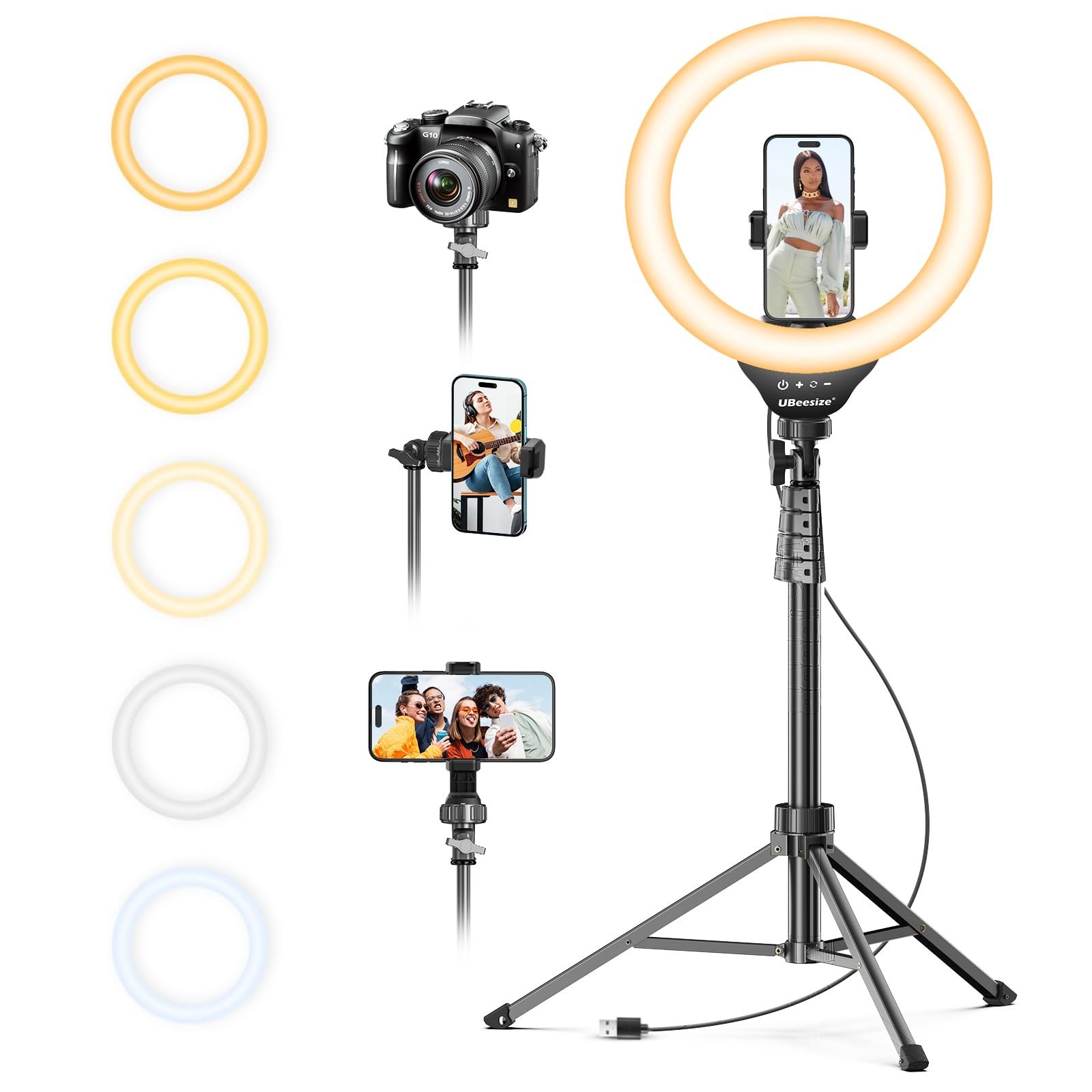 UBeesize 12'' LED Ring Light with 62'' Tripod Stand, Selfie Ring Light for Video Recording, Live Streaming, TikTok & YouTube, Compatible with iPhone & Android (Black) - Product Image
