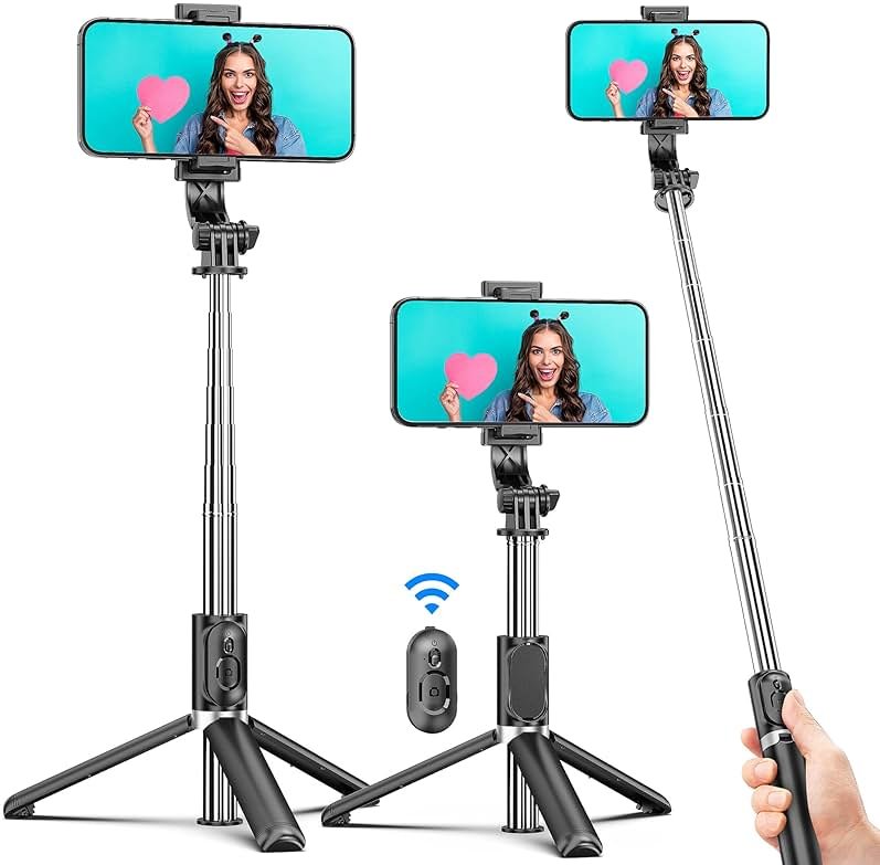 Selfie Stick Tripod, All in One Extendable & Portable iPhone Tripod Selfie Stick with Wireless Remote Compatible with iPhone 17 16 15 14 13 12 pro Xs Max, Galaxy Note10/S20/S10/OnePlus 9/9 PRO etc - Product Image