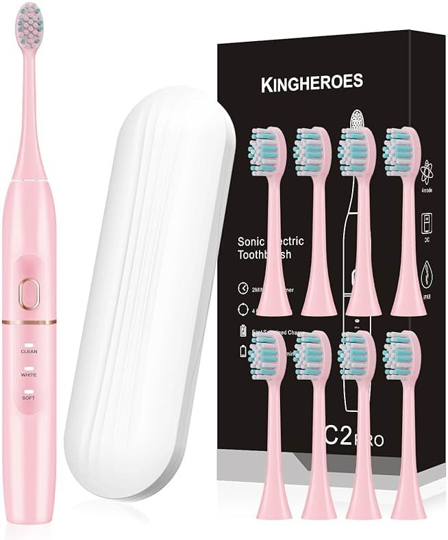 kingheroes Electric Toothbrush Set, Comes with 8 Brush Heads & Travel Case,4 Modes with 2 Minutes Built in Smart Timer, One Charge for 60 Days, 42000 VPM Motor (Pink) - Product Image